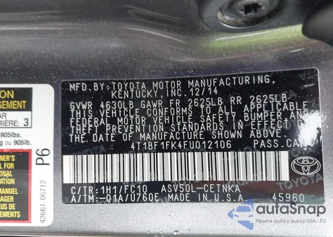 2015 Toyota Camry Le from USA, damaged, VIN 4T1BF1FK4FU012106